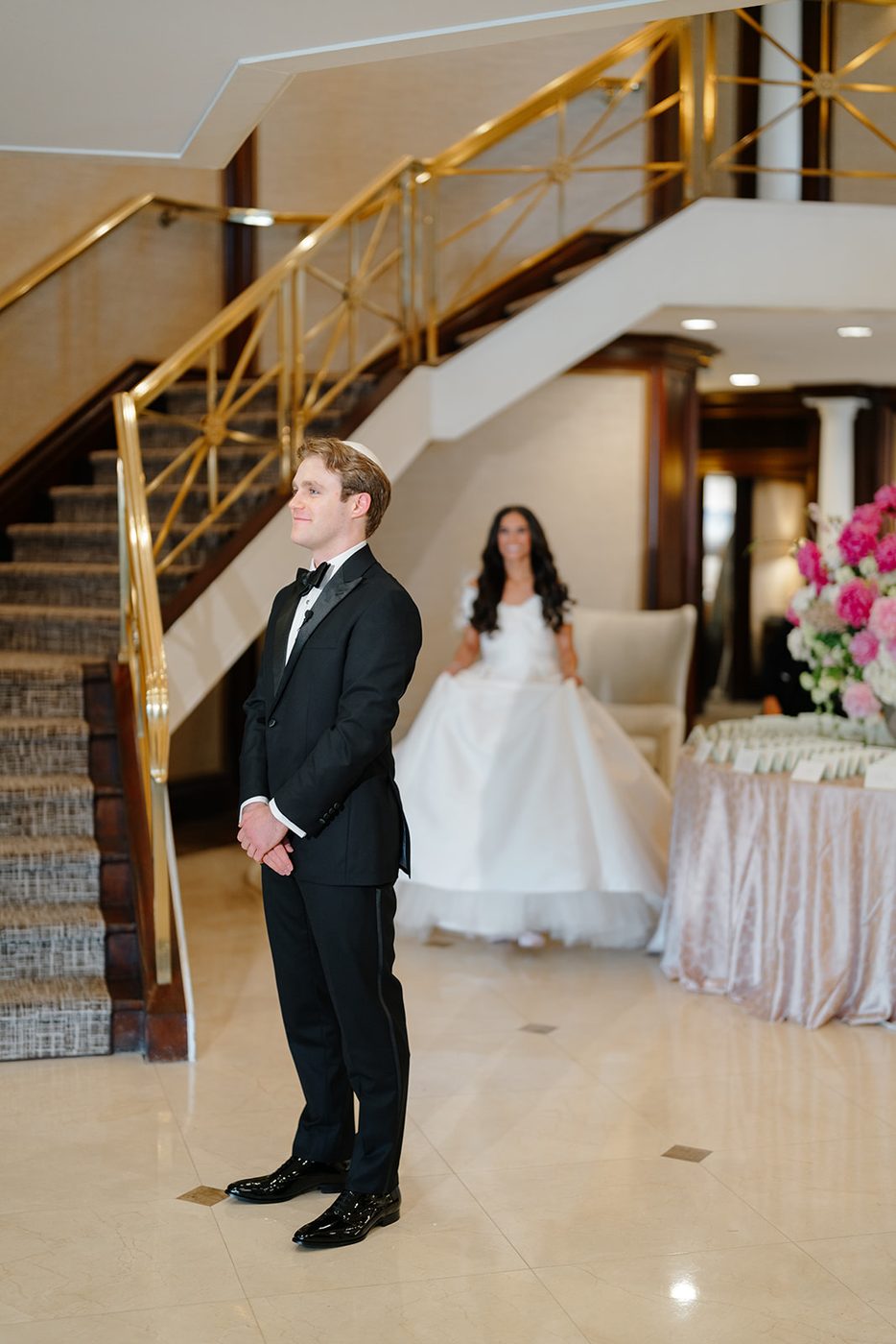 Wedding at Glen Island Harbour Club — first look grand staircase glen island