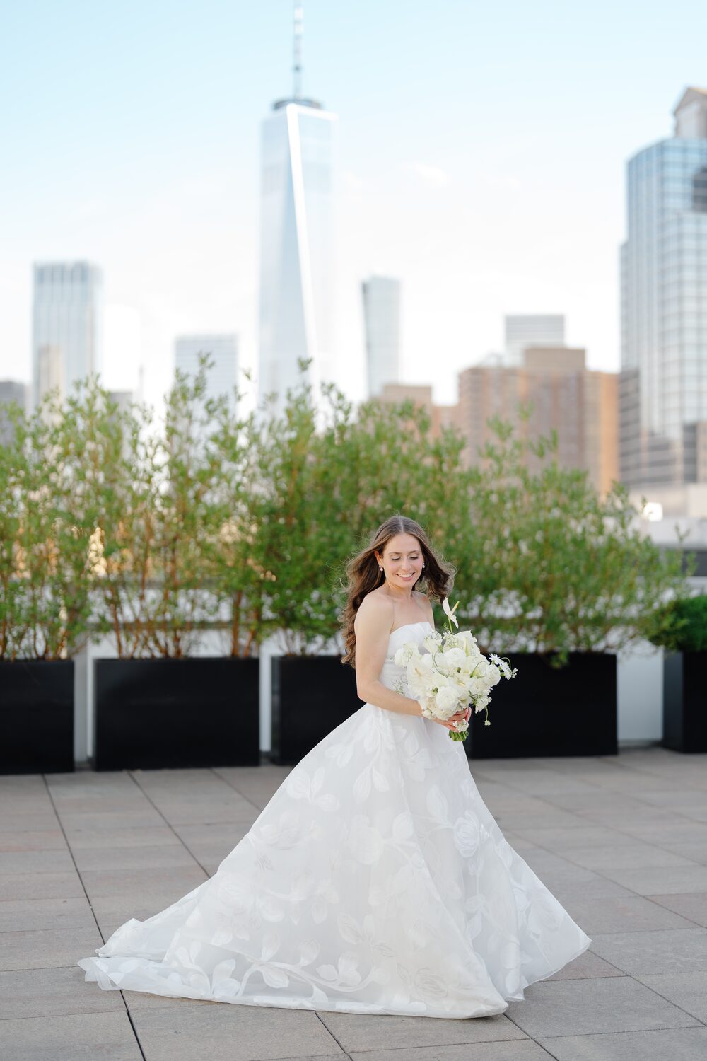 Wedding at Tribeca Rooftop + 360° — bride bouquet portrait one world trade