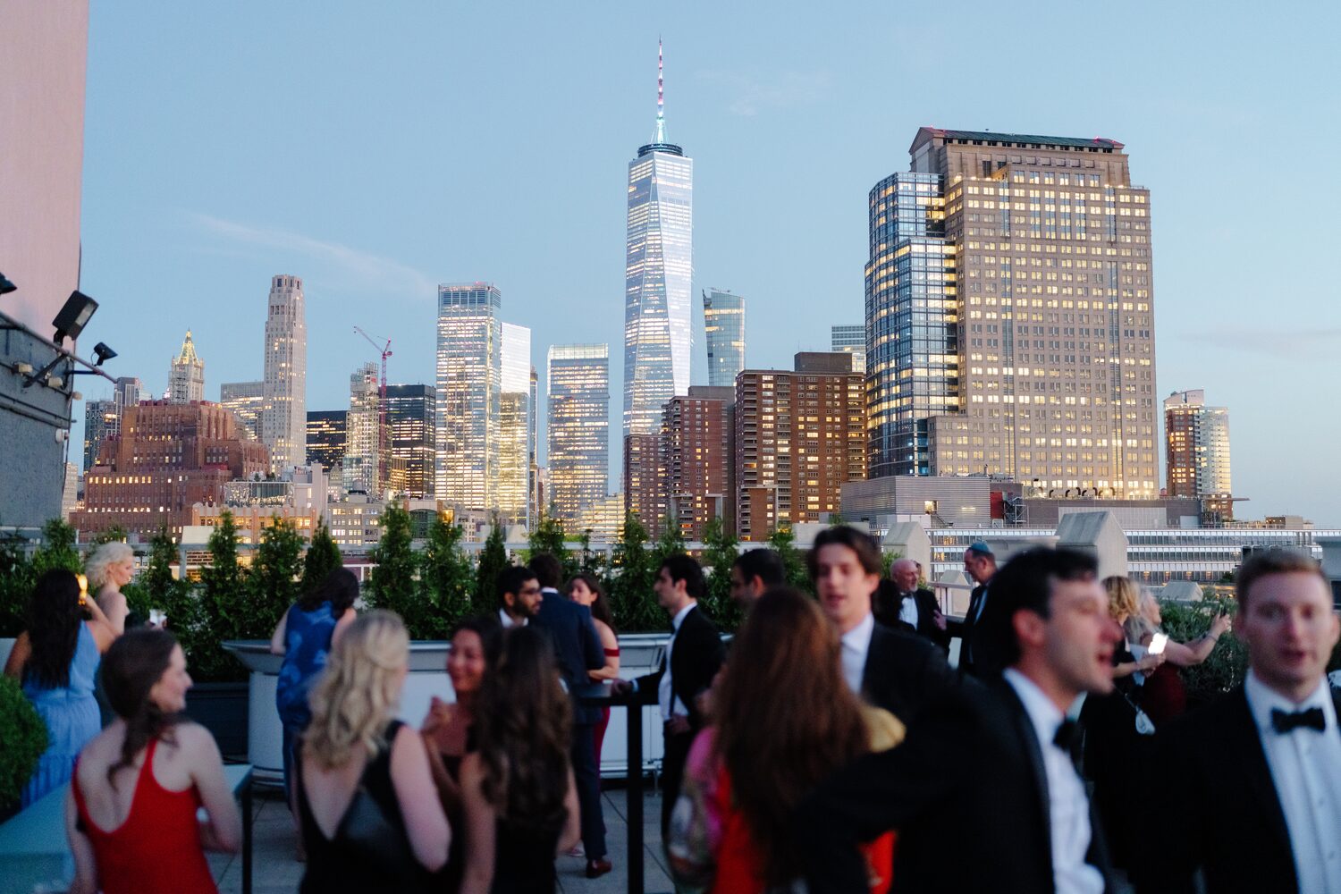 Wedding at Tribeca Rooftop + 360° — cocktail hour rooftop dusk skyline